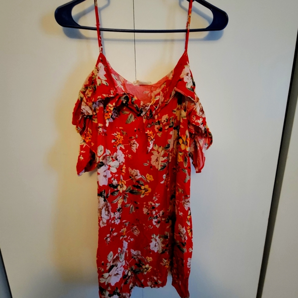 Overstitched red floral mini dress